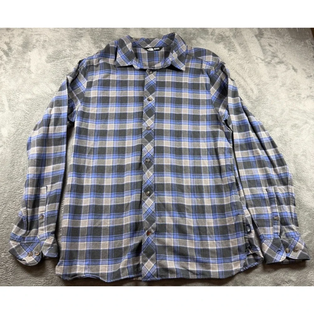 The North Face Flannel Shirt Mens L Blue Gray Plaid Button Up Hiking